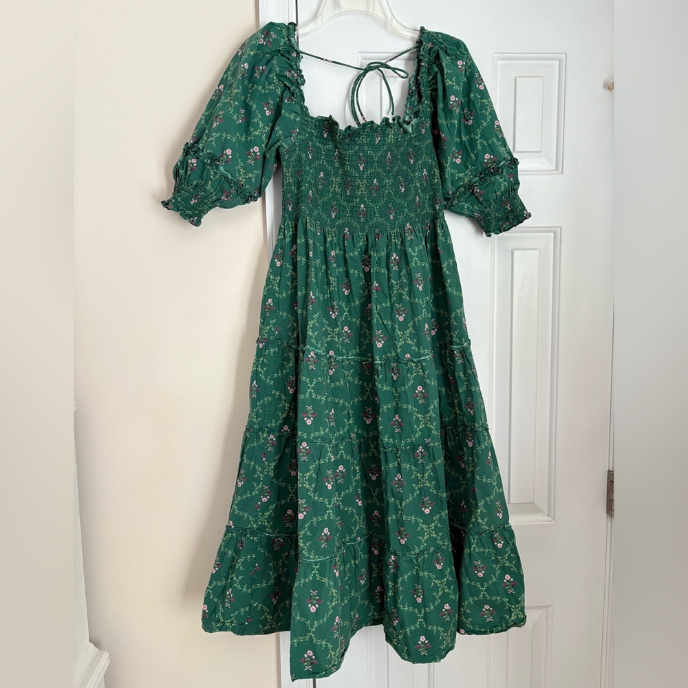 Hill House Green Floral Long Sleeve Midi Dress